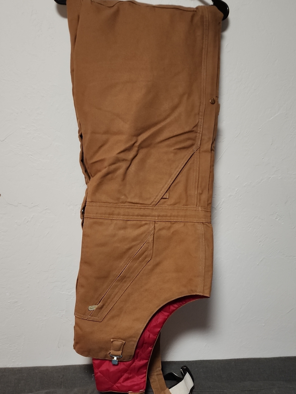 5Carhartt Tan Cargo Work Pants with Red Lining Over Alls